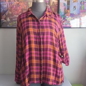 Lane Bryant Pink and Orange Plaid Button-Down Shirt
